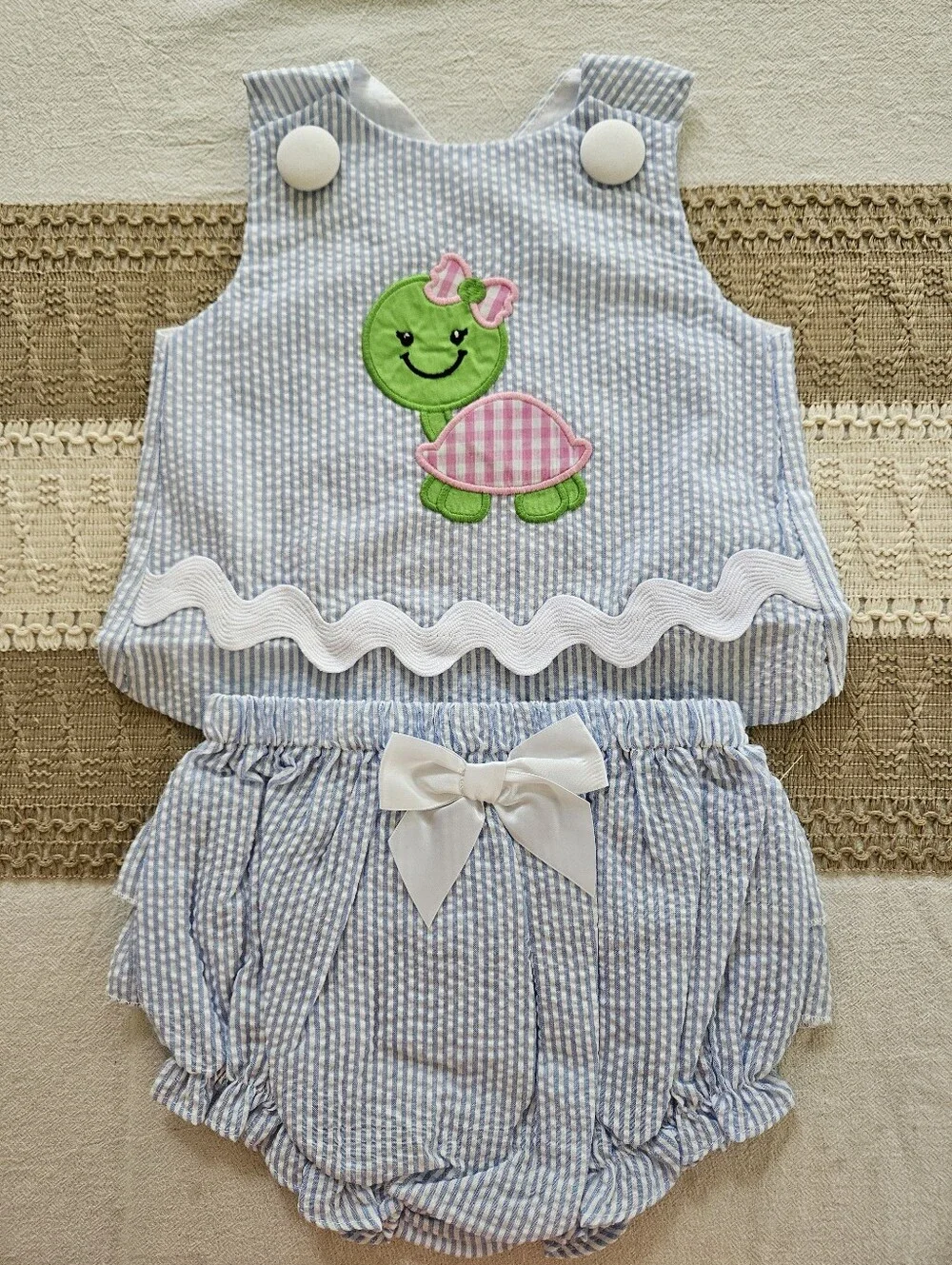 Lil Cactus Blue & White Seersucker Turtle Appliqué 2-Piece Set | Size 6-12M